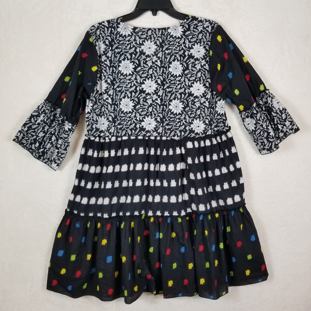 Dress Addict Women Cotton Mixed Print Floral Tiered Mini Dress Black Sz L Boho - Picture 2 of 7